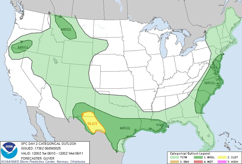 NWSSPC's tweet image. 12:38pm CDT #SPC Day2 Outlook Slight Risk: across southeast New Mexico and Far West/Southwest Texas spc.noaa.gov/products/outlo…