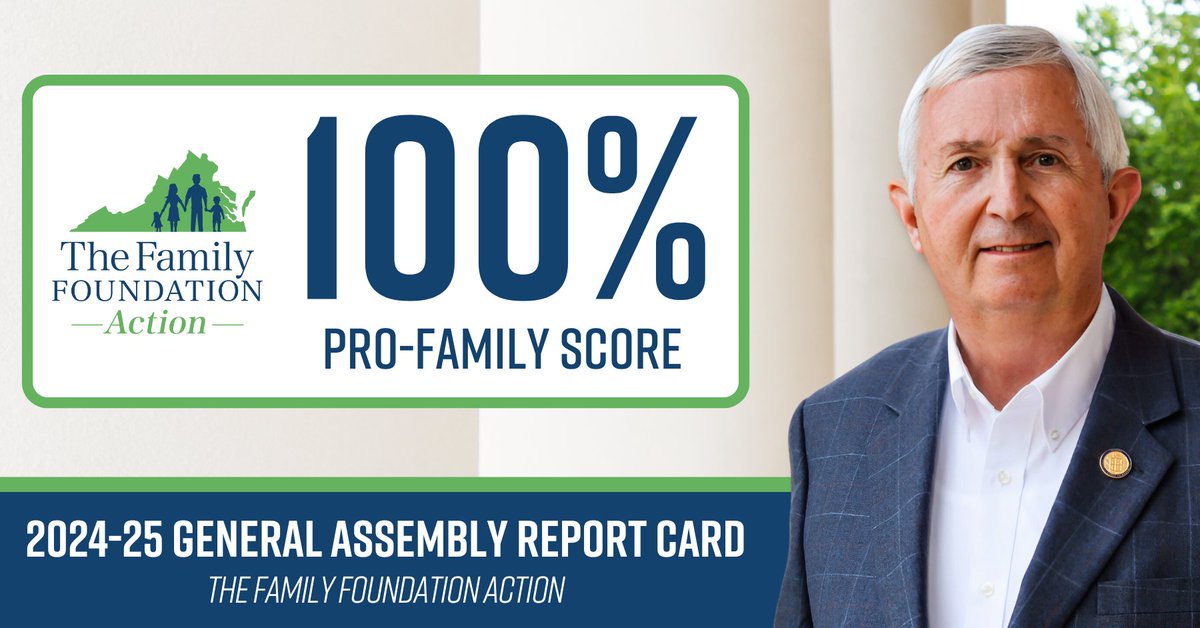 Proud to have earned a 100% Pro-Family score from @TFFActionVA on their 2024-25 General Assembly Report Card.

In Richmond, I will always stand firm for life, parental rights, religious liberty, and policies that strengthen Virginia families.

➡️ familyfoundation.org/reportcards