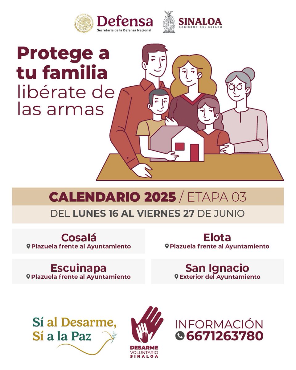 Ya está por iniciar el tercer bloque del #DesarmeVoluntario2025 🗣️

A partir del próximo lunes 16 de junio estarán instalados los módulos de canje en #Elota, #Cosalá, #SanIgnacio y #Escuinapa.

Checa las fechas y ubicaciones, recuerda que tu participación es #ANÓNIMA. 👇📍