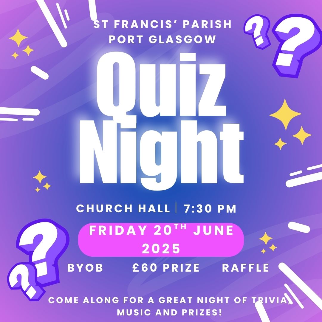 PARISH QUIZ NIGHT - 20th JUNE

Join us for our last Parish Quiz Night before the Summer Holidays on Friday 20th June. 7:30pm start in the Hall. £60 for 1st place, BYOB and any raffle prizes would be much appreciated! £2 adults, £1 school children. All welcome for a fun night!