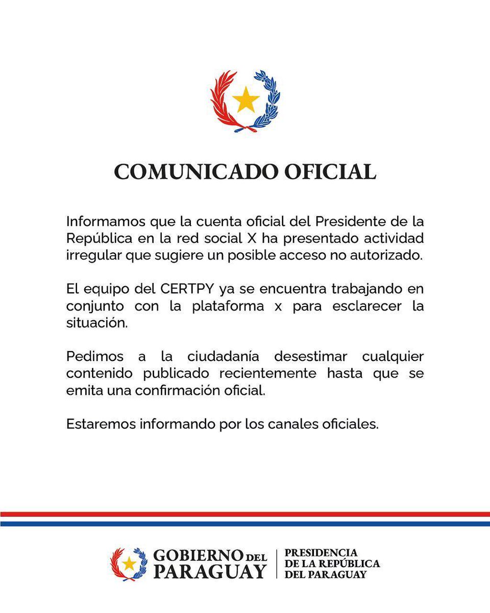🚨 BREAKING: Hacker confermano l'attacco all'account X del presidente del Paraguay