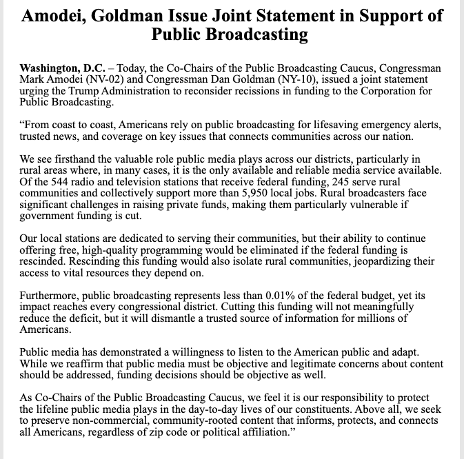 Steve Sebelius (@stevesebelius) on Twitter photo Nevada's <a href="/MarkAmodeiNV2/">Rep. Mark Amodei</a> comes out against proposed Trump administration cuts to public media. "While we reaffirm that public media must be objective and legitimate concerns about content should be addressed, funding decisions should be objective as well," he says. Nevada's <a href="/MarkAmodeiNV2/">Rep. Mark Amodei</a> comes out against proposed Trump administration cuts to public media. "While we reaffirm that public media must be objective and legitimate concerns about content should be addressed, funding decisions should be objective as well," he says.