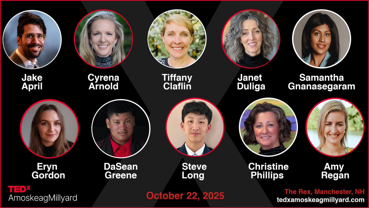 The wait is over 🎉
Meet the speakers of #TEDxAmoskeagMillyard 2025!

📍The Rex Theatre | Manchester, NH
📅 October 22, 2025
🌟 Storytellers. Advocates. Leaders.

Full lineup + partnership opps: tedxamoskeagmillyard.com
#TEDxAM25 #IdeasWorthSpreading #NHEvents