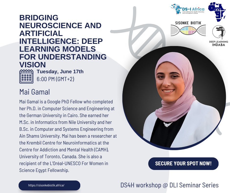 We’re back for Session 2 of our #AI4Health Seminar Series!

🧠 Bridging Neuroscience &amp; AI: Deep Learning Models for Understanding Vision

🎙 Speaker: Mai Gamal
🗓 Tue, June 17 | ⏰ 6PM GMT+2
📍 Free | Online | Open to all
🔗 Register now: cassyni.com/events/7PCJLG5…