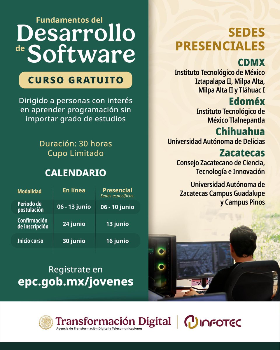 ¡Todavía estás a tiempo!

Si quieres aprender a programar, inscríbete al curso “Fundamentos de Desarrollo de Software” en la Escuela Pública de Código 👍💻⚙️

Modalidades:

🌐En línea para que puedas tomarlo a cualquier hora desde cualquier lugar. 
(Tienes hasta el 13 de junio
