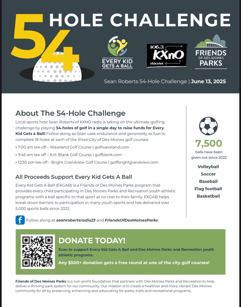 Sean Roberts (@sean23roberts) on Twitter photo ⛳️This Friday the 13th is my 3rd annual 54 hole challenge for “Every Kid Gets A Ball.” In the first two years we have raised a little over $9,100. The goal this year is to raise $10k! Please donate if you can! 🙏 Link below ⬇️
…ndsofdesmoinesparks-bloom.kindful.com/?campaign=1359… Friends of Des Moines Parks ⛳️This Friday the 13th is my 3rd annual 54 hole challenge for “Every Kid Gets A Ball.” In the first two years we have raised a little over $9,100. The goal this year is to raise $10k! Please donate if you can! 🙏 Link below ⬇️
…ndsofdesmoinesparks-bloom.kindful.com/?campaign=1359… Friends of Des Moines Parks