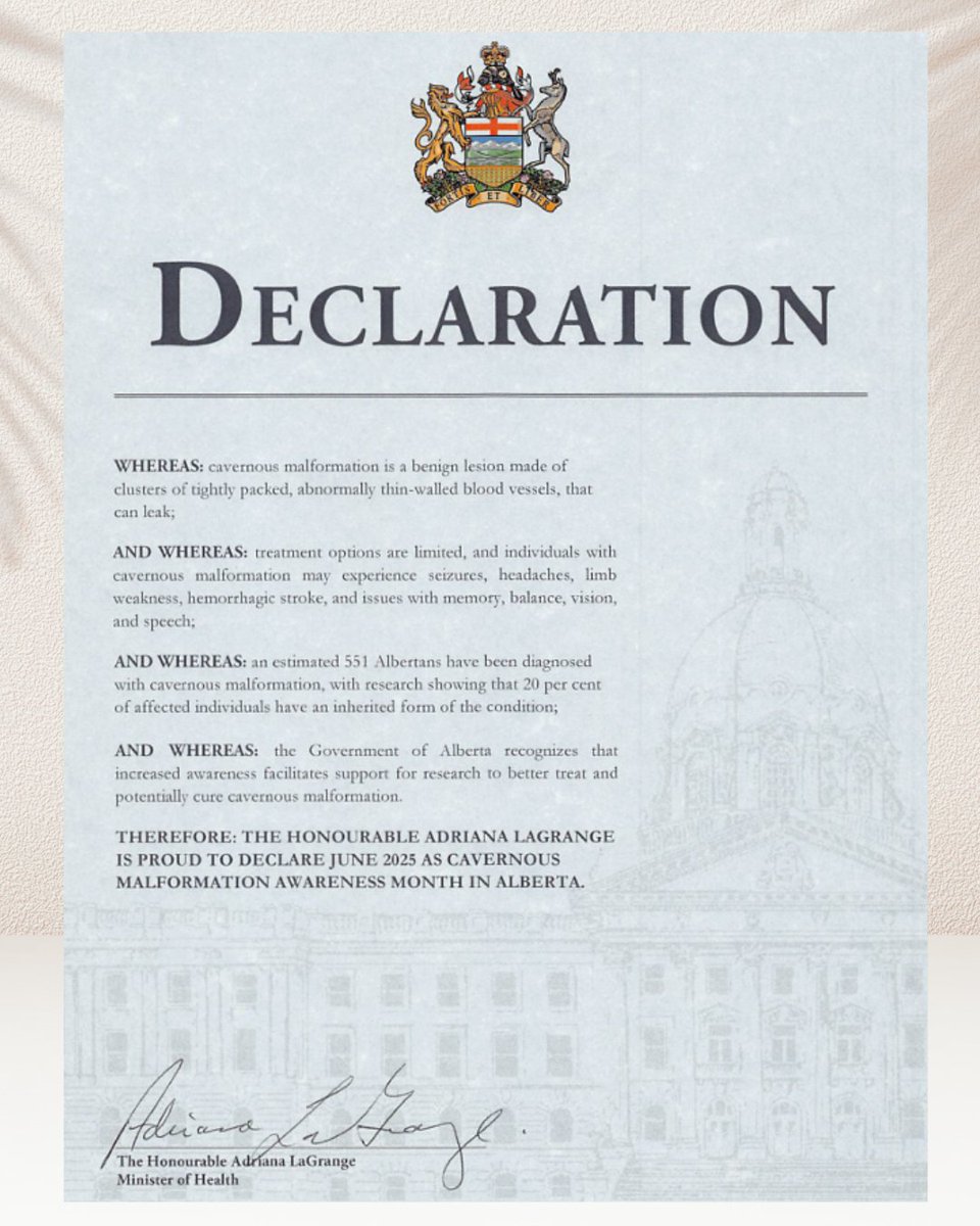 With gratitude we welcome this Province of #Alberta  declaration!  Recognizing the barriers faced in a rare disease such as #cavernousmalformation, the need for #research  towards treatment options and a cure remains a priority.  This momentum is impactful!