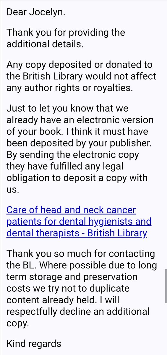 Jocelyn Harding Dental Hygienist Msc FCGDent DipDH (@jossharding) on Twitter photo I'm absolutely delighted & thrilled to confirm an electronic copy of the book is stored at the <a href="/britishlibrary/">British Library</a>.
Thank you again to all 56 contributors who made this possible. #mouthcare for #MouthCancer #HeadAndNeckCancer #oralcancer patients for all #healthcare #professionals I'm absolutely delighted & thrilled to confirm an electronic copy of the book is stored at the <a href="/britishlibrary/">British Library</a>.
Thank you again to all 56 contributors who made this possible. #mouthcare for #MouthCancer #HeadAndNeckCancer #oralcancer patients for all #healthcare #professionals