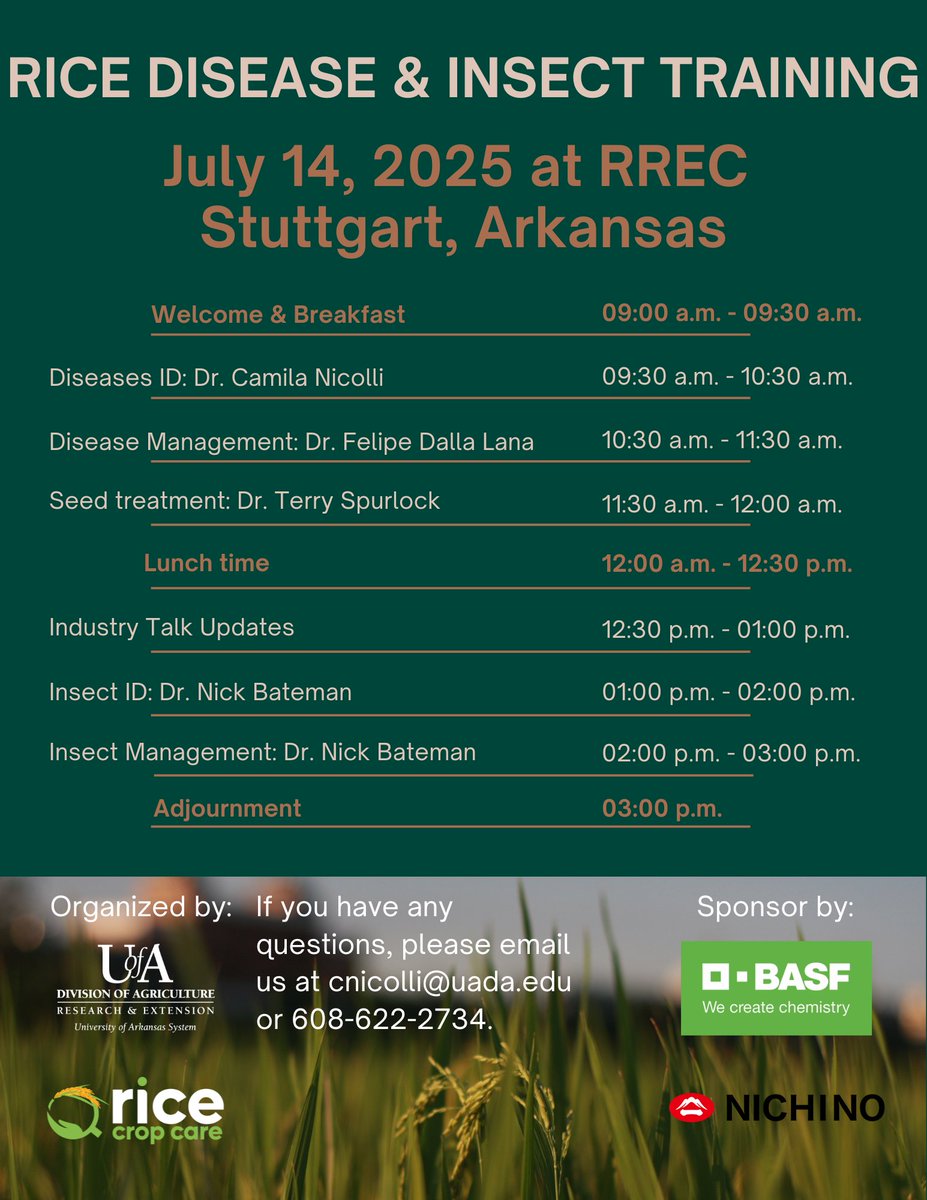 Camila Nicolli (@ricecropcare) on Twitter photo 🚨 Save the Date! 📷 July 14, 2025
Link for registration: forms.gle/HFfGCzEJ13EVrE…
Get the latest updates on rice pests & diseases from experts in the field!
<a href="/felipedallalana/">Felipe Dalla Lana</a>
<a href="/NickBateman/">Nick</a>
<a href="/SpurlockLab/">Terry Spurlock</a>
<a href="/ArkansasEPP/">Arkansas Entomology and Plant Pathology</a>
<a href="/ArkAgResearch/">Arkansas Agricultural Experiment Station</a> 🚨 Save the Date! 📷 July 14, 2025
Link for registration: forms.gle/HFfGCzEJ13EVrE…
Get the latest updates on rice pests & diseases from experts in the field!
<a href="/felipedallalana/">Felipe Dalla Lana</a>
<a href="/NickBateman/">Nick</a>
<a href="/SpurlockLab/">Terry Spurlock</a>
<a href="/ArkansasEPP/">Arkansas Entomology and Plant Pathology</a>
<a href="/ArkAgResearch/">Arkansas Agricultural Experiment Station</a>