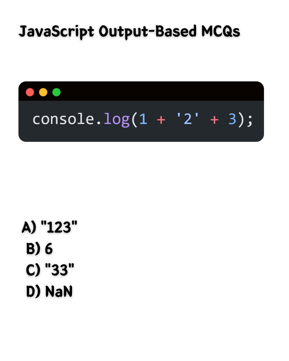 codebypc's tweet image. 🎯 JavaScript Output Based Interview Questions 💻
Test your JavaScript knowledge with real interview-level questions!
Can you guess the correct output before the timer ends? ⏳
Perfect for 🔥 beginners & pros preparing for tech interviews!
💬