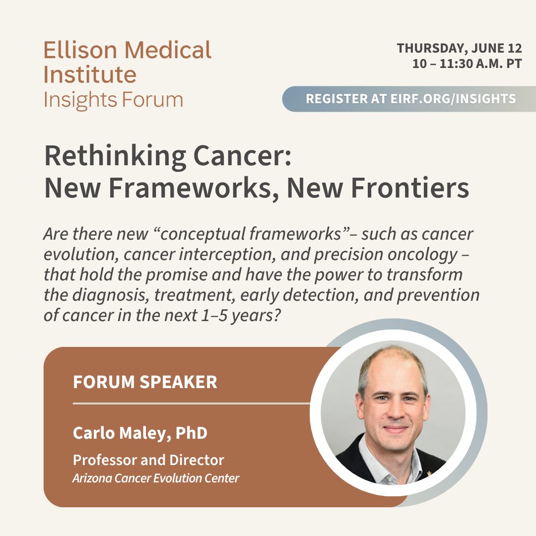 We’re excited to welcome Dr. <a href="/cmaley/">Carlo Maley</a>, <a href="/ASU/">Arizona State University</a> Professor and Director of <a href="/ace_arizona/">Arizona Cancer Evolution Center</a>, to our upcoming EMI #InsightsForum on Thursday, June 12.

Dr. Maley brings a unique perspective at the intersection of evolutionary biology, computational biology, and cancer biology, offering