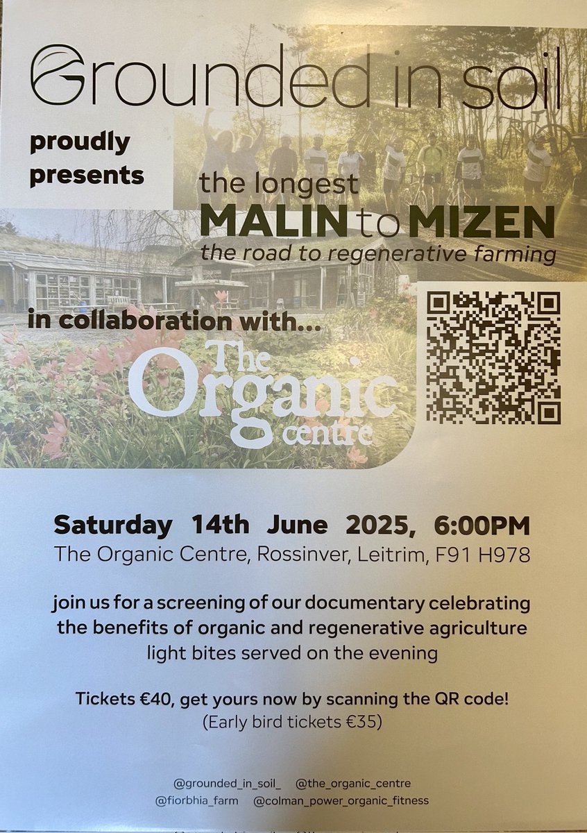 Come to the <a href="/organiccentreie/">The Organic Centre</a>  #Leitrim for the Leitrim premiere of documentary ' The longest Malin to Mizen' which charts the cycling journey of growers and  farmers Colman Power, Brendan Guinan to promote organic farming. 
Book here:

fiorbhiafarm.ie/store/The-Long…

<a href="/magnumlady/">Val 📷</a>