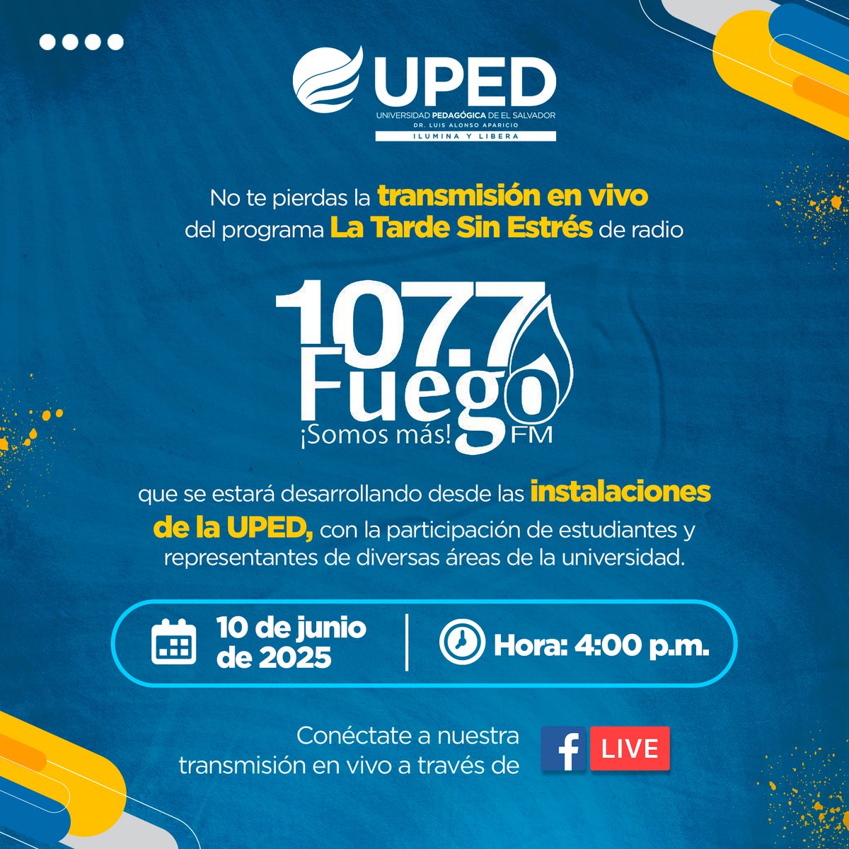 Este martes 10 de junio no te pierdas la transmisión en vivo del programa "La Tarde Sin Estrés" directamente desde las instalaciones de la UPED.

📲 Conéctate en vivo a través de Facebook Live.