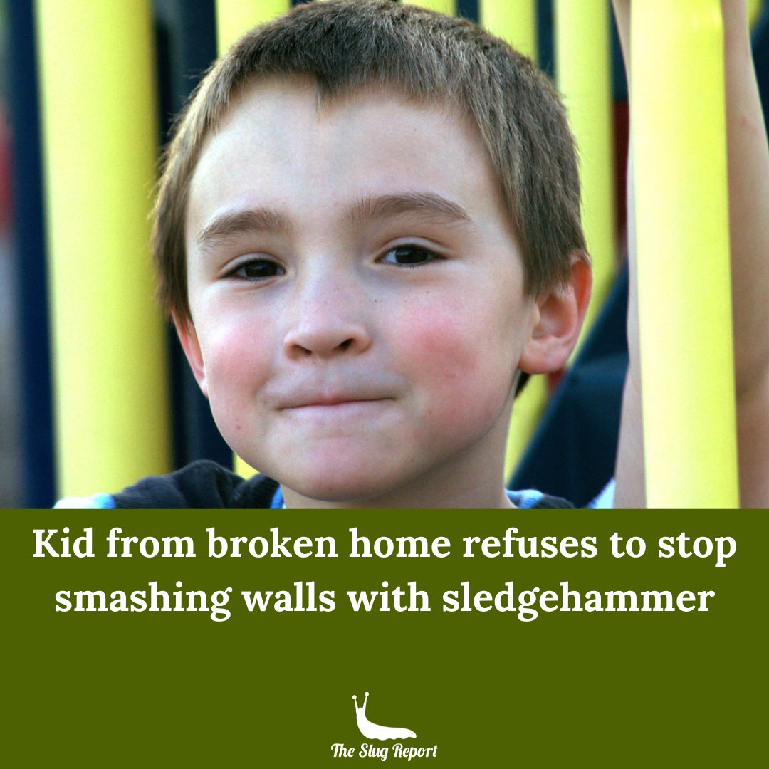 SlugReport's tweet photo. “I bought a safe to keep all of my hammers under lock and key. But when he didn’t get what he wanted at home, he went out and found it elsewhere,” shared the seven-year-old’s trembling father, Greg.

Full article: https://t.co/lZpBRozv68

#satire #comedy #article https://t.co/VAmX4BgAiZ