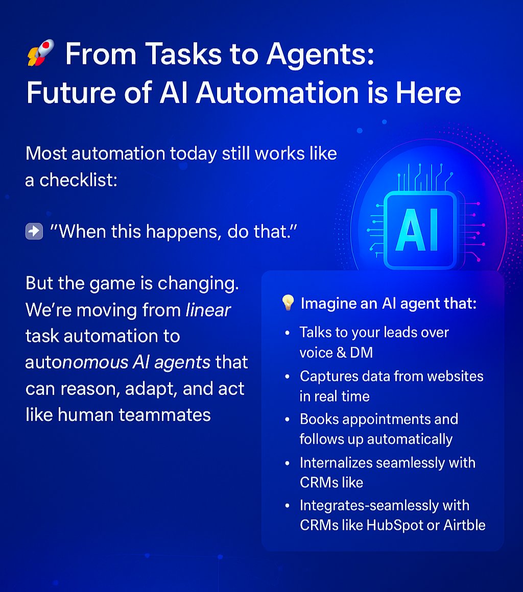 brain9ai's tweet photo. 🚀 From Tasks to Agents: AI Automation's Future

🔗 Discover intelligent agents: https://t.co/JXEVONaw0O

Traditional automation follows a checklist: "When this happens, do that." Now, autonomous AI agents reason, adapt, and act like human teammates.

At Brain9Ai, we’ve embraced this shift.  
💡 Imagine an AI agent that:  
– Engages leads via voice and DM  
– Captures website data in real time  
– Books appointments and follows up automatically  
– Personalizes outreach with GPT-4o  
– Integrates with CRMs like HubSpot or Airtable  

It’s not just automation—it’s delegation.  

With AI agents like Anaya, businesses scale smarter, faster, and more human-like.  
🔗 Learn more: https://t.co/JXEVONaw0O

#AI #AIAutomation #AutonomousAgents #WorkflowAutomation #GPT4o #VoiceAI #AIAgents #BusinessAutomation #AIWorkflows #AgenticAI #ChatGPT #GenerativeAI #TechInnovation #NoCodeAI #Brain9AI #OpenAI #n8n #AIforBusiness #FutureOfWork #AutomationRevolution