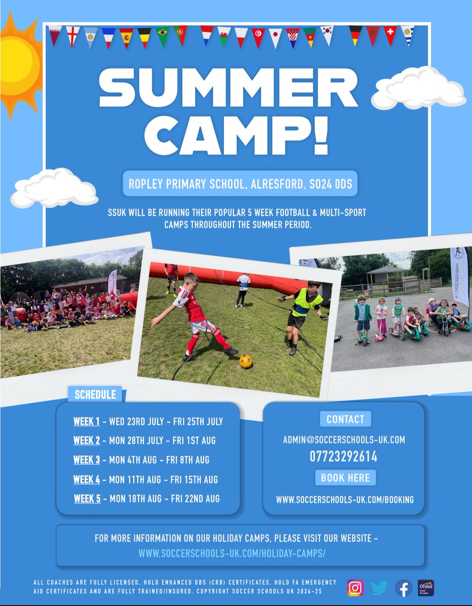 🤩😎We are pleased to announce that bookings for our Summer Holiday Camps are now open😎🤩

Where our popular Football and Multi-Sports Camps, will be running! ⚽️🏓⛳️🏆

To book 👇 

📧 admin@soccerschools-uk.com
💻 soccerschools-uk.com/booking 
📞 07723292614