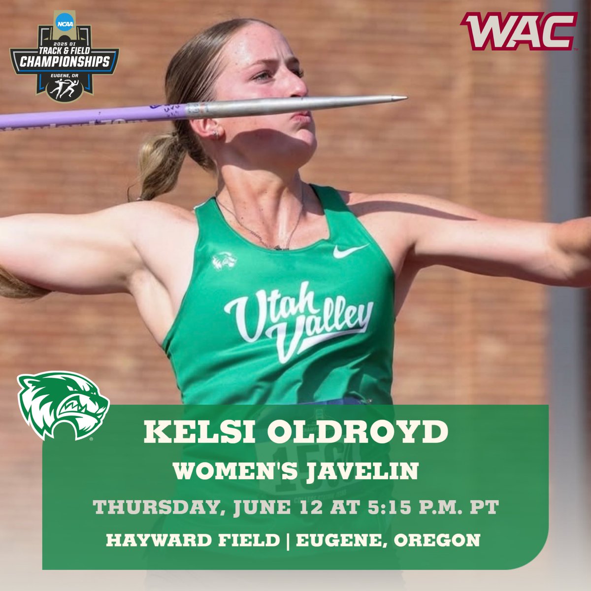 NCAA Championship Bound: Kelsi Oldroyd, Utah Valley

Kelsi earned a spot in Eugene after she broke her own <a href="/UVUtfxc/">UVU Track & Field / XC</a> school javelin record with a throw of 57.72 meters on her second attempt in the first round, finishing runner-up at the West Regionals. Kelsi will compete for the