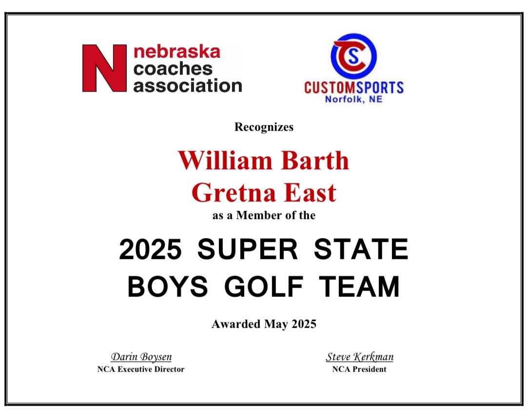 GretnaEastBGolf's tweet image. Congratulations to Will Barth for being named to the Nebraska Coaches Association Super State Team! This is more than deserving and a great honor to close out a great HS golf career!
