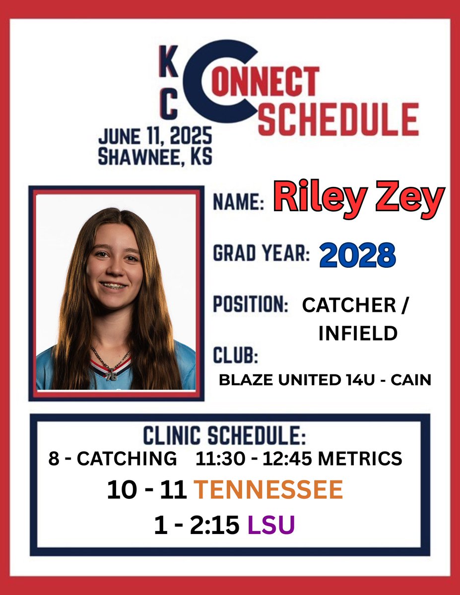 Riley Zey (@riley_zey2028) on Twitter photo I got my schedule for camps on Wednesday for the Top Gun tournament in Kansas City. Canāt wait to get out and start this tournament off strong. #SOBB #Sisterhood #BeLittyš„ <a href="/LSUsoftball/">LSU Softball</a>
<a href="/Vol_Softball/">Tennessee Softball</a> <a href="/blazeunited14/">Blaze United 14U Cain</a> I got my schedule for camps on Wednesday for the Top Gun tournament in Kansas City. Canāt wait to get out and start this tournament off strong. #SOBB #Sisterhood #BeLittyš„ <a href="/LSUsoftball/">LSU Softball</a>
<a href="/Vol_Softball/">Tennessee Softball</a> <a href="/blazeunited14/">Blaze United 14U Cain</a>