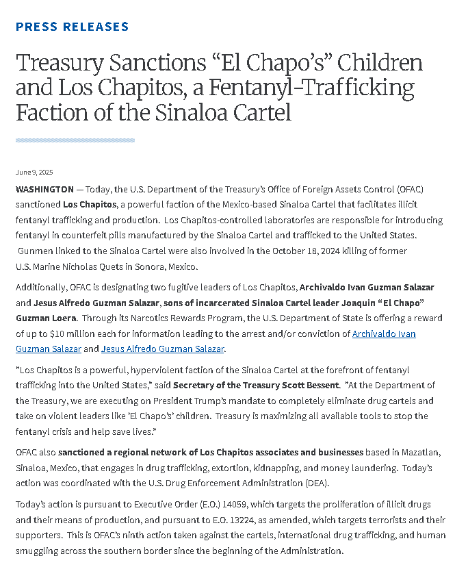 🚨 El Departamento del Tesoro de EU sanciona a Los Chapitos y a sus operadores en Mazatlán por producción y tráfico de fentanilo, bajo la orden ejecutiva que combate a los cárteles como terroristas.
