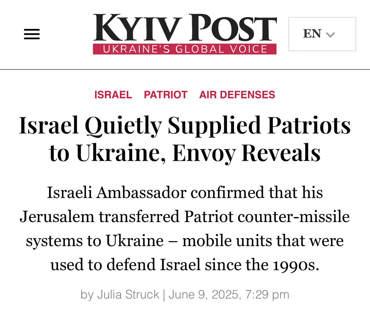 The rumors turned out to be true: the Israeli Patriot systems are now in Ukraine. The U.S. had been in talks with Israel about transferring up to eight systems and while the Ambassador didn’t specify how many, the statement makes it sound like all of them were sent.