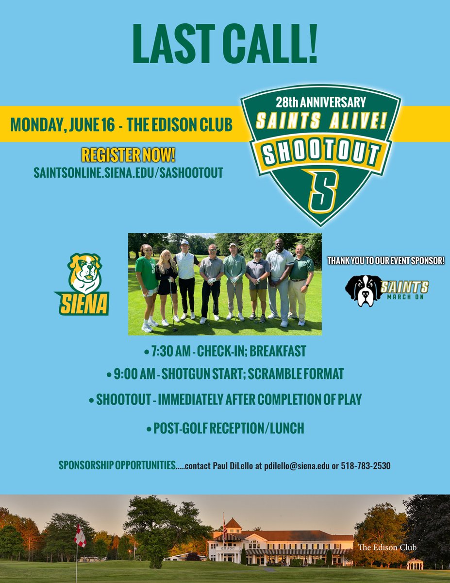 🚨 LAST CALL 🚨

Our 28th Anniversary Saints Alive! Shootout is just ONE week from today!

DON'T MISS OUT - limited spots remain

REGISTER NOW ➡️ t.ly/WoDG8

#MarchOn x #SienaSaints