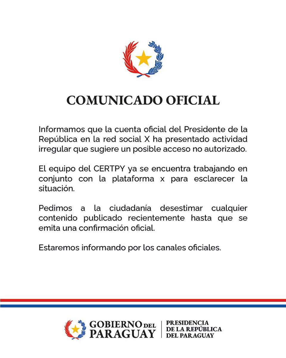 theparaguaypost's tweet image. This is wild.
The X account of Paraguay’s president @SantiPenap appears to have been hacked – and is shilling bitcoin. 💸
It follows multiple major cyberattacks and data leaks from government institutions in the past year alone 🚨