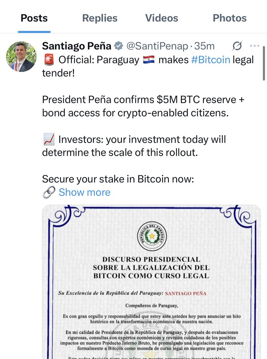 theparaguaypost's tweet image. This is wild.
The X account of Paraguay’s president @SantiPenap appears to have been hacked – and is shilling bitcoin. 💸
It follows multiple major cyberattacks and data leaks from government institutions in the past year alone 🚨