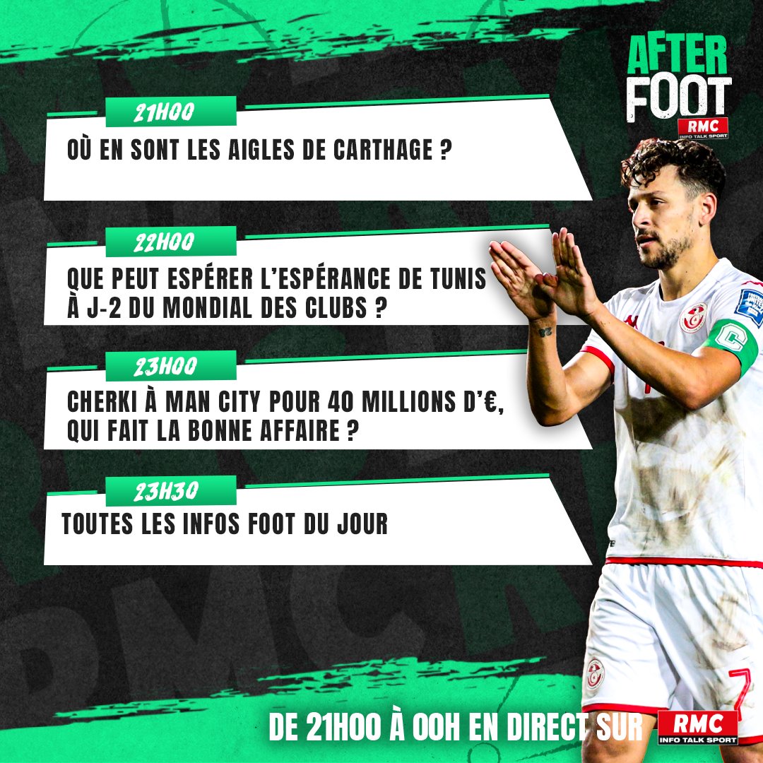 After Foot RMC (@afterrmc) on Twitter photo 🚨 🇹🇳 𝗟'𝗔𝗳𝘁𝗲𝗿 𝘀𝗲 𝗱𝗲𝗹𝗼𝗰𝗮𝗹𝗶𝘀𝗲 𝗮 𝗧𝘂𝗻𝗶𝘀 𝗰𝗲 𝘀𝗼𝗶𝗿 !
📻 Rendez-vous dès 21h sur <a href="/RMCInfo/">RMC</a> avec <a href="/gilbertbrisbois/">Gilbert Brisbois</a>, <a href="/nicojamain/">Nicolas Jamain</a>, <a href="/hmzrhmn/">Hamza Rahmani</a> et des invités exceptionnels ! 🚨 🇹🇳 𝗟'𝗔𝗳𝘁𝗲𝗿 𝘀𝗲 𝗱𝗲𝗹𝗼𝗰𝗮𝗹𝗶𝘀𝗲 𝗮 𝗧𝘂𝗻𝗶𝘀 𝗰𝗲 𝘀𝗼𝗶𝗿 !
📻 Rendez-vous dès 21h sur <a href="/RMCInfo/">RMC</a> avec <a href="/gilbertbrisbois/">Gilbert Brisbois</a>, <a href="/nicojamain/">Nicolas Jamain</a>, <a href="/hmzrhmn/">Hamza Rahmani</a> et des invités exceptionnels !