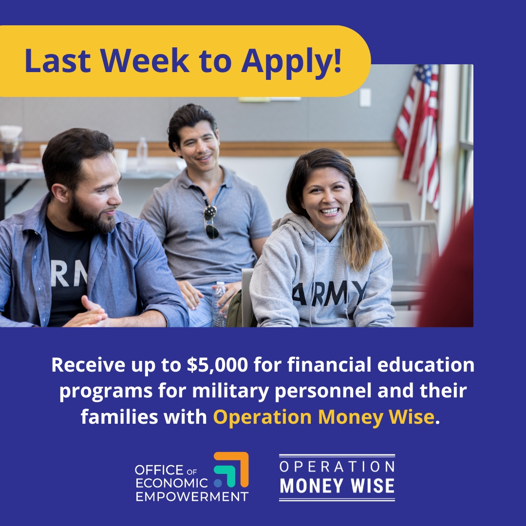 ⏳One week left to apply!  

Operation Money Wise offers up to $5,000 in grant funding for Massachusetts organizations to bring financial education to the military community!  

Learn more and apply today at: mass.gov/info-details/o… 

#OperationMoneyWise #VeteranSupport