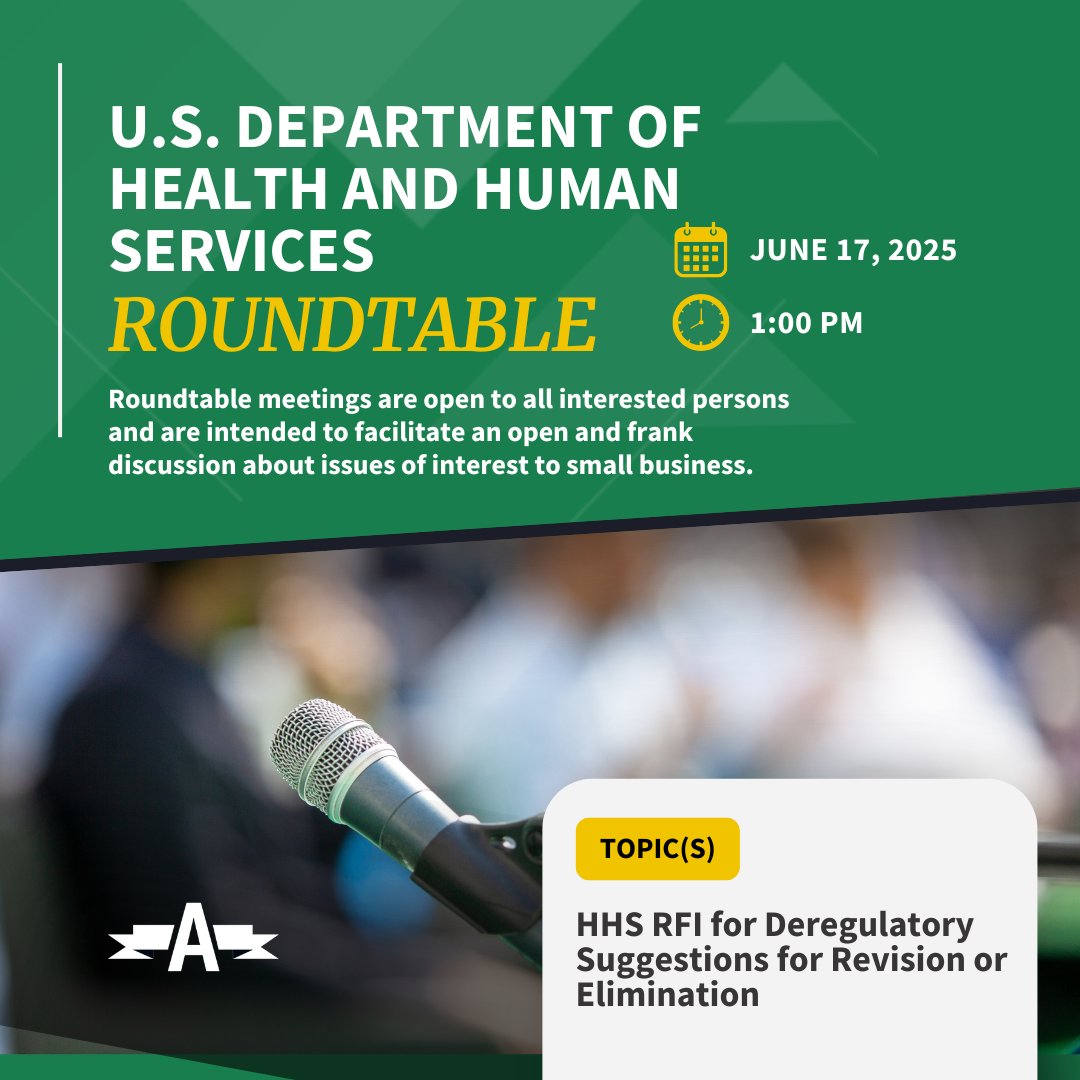 🕙 Join us as we discuss <a href="/HHSGov/">HHS.gov</a> Request for Information on regulations to repeal or reform in our next virtual roundtable, June 17th, and 1 PM ET.

Register to attend 👉 ow.ly/ItW750W5yC4
