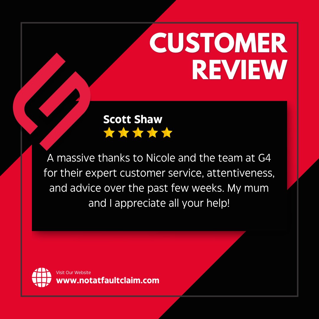 🌟 Stress-Free Service at G4 Claims! 🌟

Thank you, Scott, for sharing your experience:

🚗 Have you been involved in a non-fault accident? Let us handle everything for you—quick, easy, and hassle-free!

📲 Call us: 01698 767 172
📲 WhatsApp: 07788 266 261