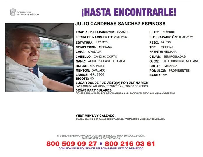 COBUPEM's tweet photo. Solicitamos de tu apoyo en difusión para dar pronta localización a Julio Cárdenas Sánchez Espinosa, comunícate a los teléfonos de COBUPEM 800 216 0361, 800 509 0927. #TodosEnLaBúsqueda https://t.co/QOOsuisPdb