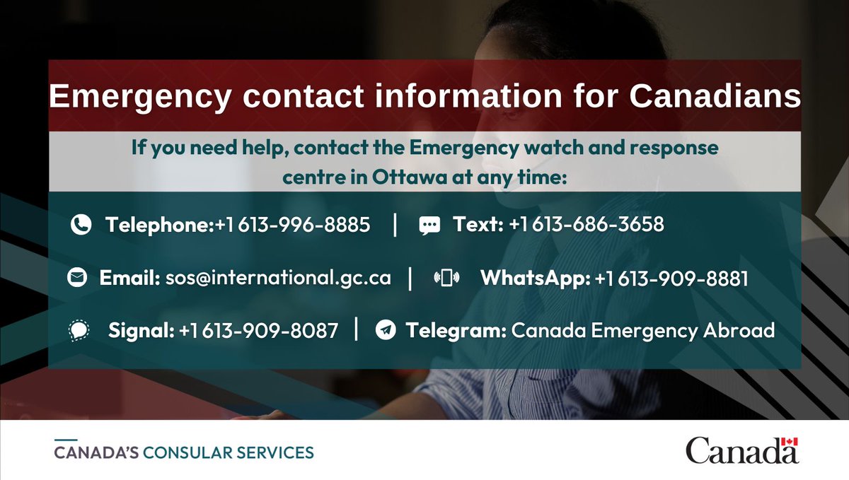 [#Consular] Canadian citizens: in case of an emergency abroad, you can contact the Emergency Watch and Response Centre for 24/7 consular assistance. More info 👉bit.ly/3FI07Ox