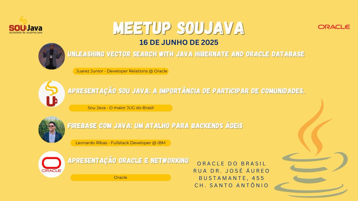 lgsreal's tweet image. SouJava Sao Paulo Meetup is coming! 🚨
Join us at Oracle in June for talks on Vector Search with Java by Juarez Junior and Firebase for Agile Backends by Leonardo Ribas!
📅 June 16th. Save the date and be there
👉 RSVP here: rfr.bz/t7232ca
#SouJava #JavaCommunity #Meetup