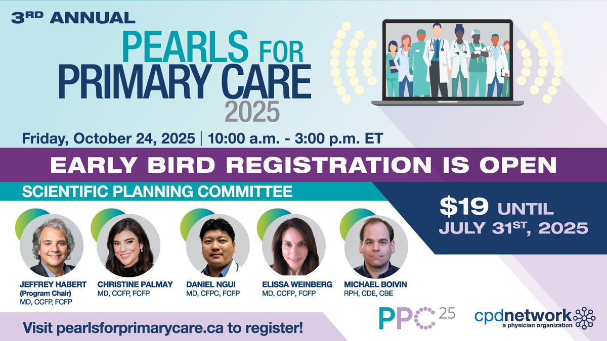 PPCconference's tweet image. 🗣️EARLY BIRD REGISTRATION NOW OPEN!
Pearls for Primary Care is back for another year - Join us on October 24th, 2025 for the 3rd annual Pearls for Primary Care Conference
SAVE UP TO 50% on virtual tickets for Pearls for Primary Care 2025!➡️Register at pearlsforprimarycare.ca/registration…