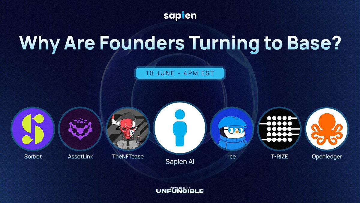 Sapien (@playsapien) on Twitter photo Base is quickly becoming the place for the next wave of builders.
But what's behind the momentum and why are founders betting big on <a href="/base/">Base</a>?
Tune in to hear from our stacked lineup:
<a href="/mysorbetxyz/">Sorbet</a>
<a href="/AtivoLabs/">AssetLink | $ASET on BASE</a>
<a href="/trize_io/">T-RIZE</a>
<a href="/OpenledgerHQ/">Openledger</a>
<a href="/TheNFTease/">TheNFTease 🦇🔊</a> Base is quickly becoming the place for the next wave of builders.
But what's behind the momentum and why are founders betting big on <a href="/base/">Base</a>?
Tune in to hear from our stacked lineup:
<a href="/mysorbetxyz/">Sorbet</a>
<a href="/AtivoLabs/">AssetLink | $ASET on BASE</a>
<a href="/trize_io/">T-RIZE</a>
<a href="/OpenledgerHQ/">Openledger</a>
<a href="/TheNFTease/">TheNFTease 🦇🔊</a>
