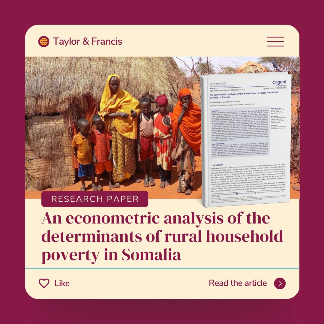 Our MEAL Lead, Bukhari Abdiwahab, published in <a href="/tandfonline/">Taylor & Francis Research Insights</a> on rural poverty determinants in #Somalia!

His research identifies key factors: household size, energy access, remittances &amp; land ownership 📊

Read the full paper 👉 shorturl.at/vhQog