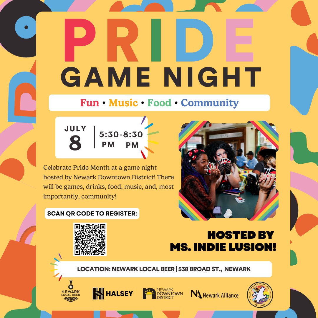 Heyy, Newark! Happy Pride Month! 🌈 Join us for Pride Game Night on July 8, 5:30-8:30 pm at Newark Local Beer, 538 Broad St. Fun games, food, drinks, and community await!