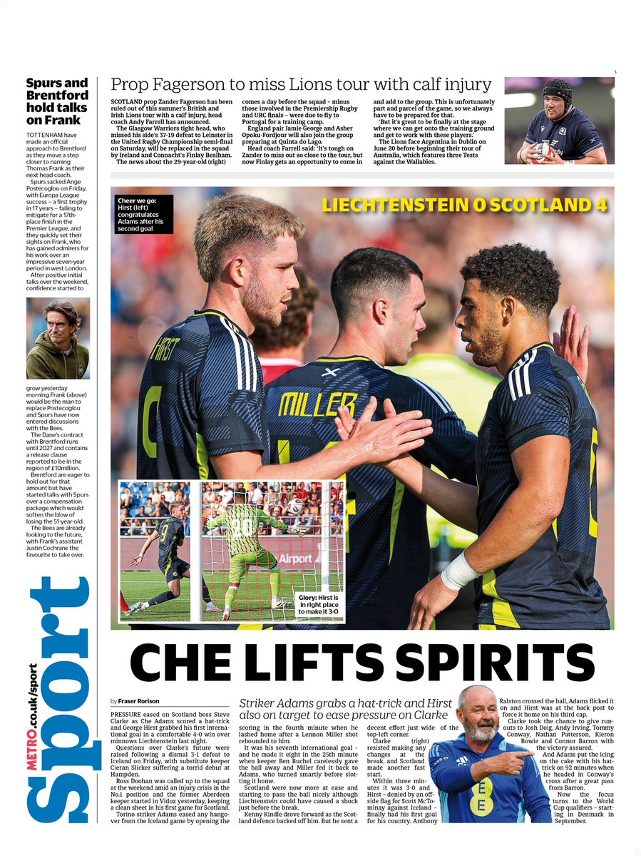 Tuesday's back page                               

CHE LIFTS SPIRITS

Striker Adams grabs a hat-trick and Hirst also on target to ease pressure on Clarke   

#TomorrowsPapersToday #scotpapers #skypapers #BBCPapers #scottishfootball