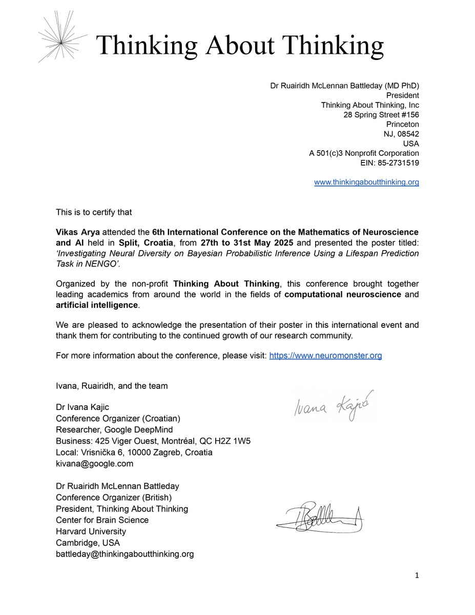 VîKâS (@vikas_jnu) on Twitter photo Thankyou <a href="/RMBattleday/">Ruairidh Battleday</a> and <a href="/thought_channel/">ThAT (Thinking about Thinking)</a> for organizing 'Sixth International Conference on the Mathematics of Neuroscience and AI' and for your continued efforts in supporting the neuroscience community. I'm happy to became a part of it by presenting my recent research work. Thankyou <a href="/RMBattleday/">Ruairidh Battleday</a> and <a href="/thought_channel/">ThAT (Thinking about Thinking)</a> for organizing 'Sixth International Conference on the Mathematics of Neuroscience and AI' and for your continued efforts in supporting the neuroscience community. I'm happy to became a part of it by presenting my recent research work.