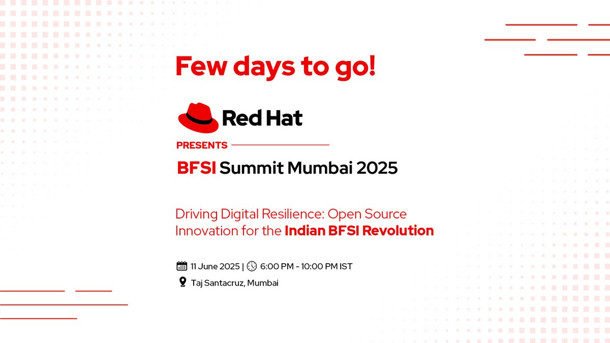 Just days to go for BFSI Summit Mumbai 2025!

An exclusive evening of bold ideas, open innovation &amp; real-world impact, led by Red Hat and industry leaders shaping digital resilience.

Because transformation begins with bold conversations.