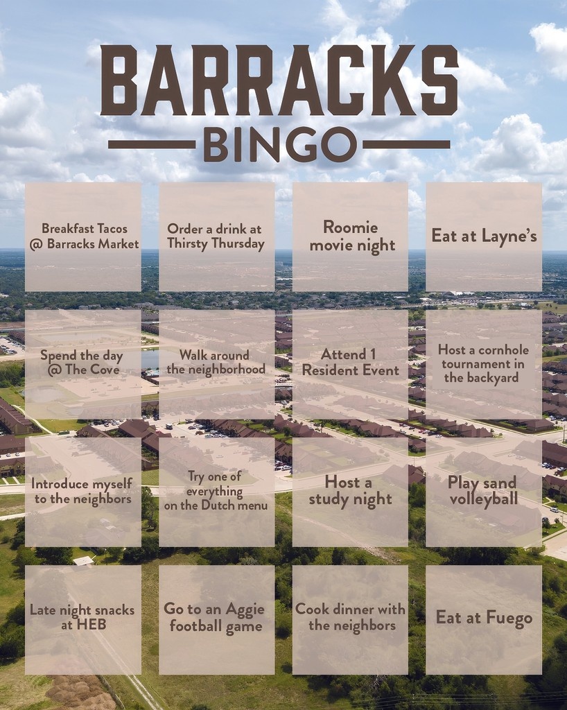 thebarracks_cs's tweet photo. Need a little inspiration on how to spend your summer in Cstat? ☀️

Play some Barracks Bingo this week and see how many things you can check off our list ✅️ https://t.co/nZ90evaTO3
