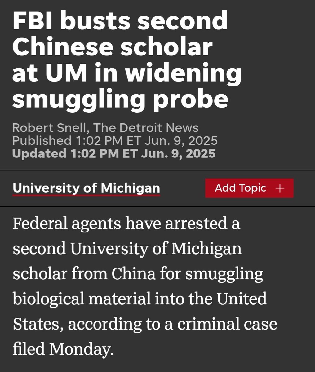 Charlieleduff's tweet photo. WTF? Another bio weapons arrest?
We've got our own little Wuhan in Ann Arbor.
The greedyassed University of Michigan doesn't appear to check the security clearances of its foreign researchers. Welcomes in the Trojan horse communists from China under the umbrella of scientific research/ global trade/ diversity/ without basic common sense to ask: why do all these "brilliant" communists want to study in America?
I'll venture to guess : they don't meet fellow students; they don't teach classes ; they're hired by a professor with full tenure and ties to the CCP; working in a lab that is fully funded with a National Science Foundation grant paid for by American tax payers.
Whatever the specifics, this is an epic fail.
UM needs an executive enema. Now.