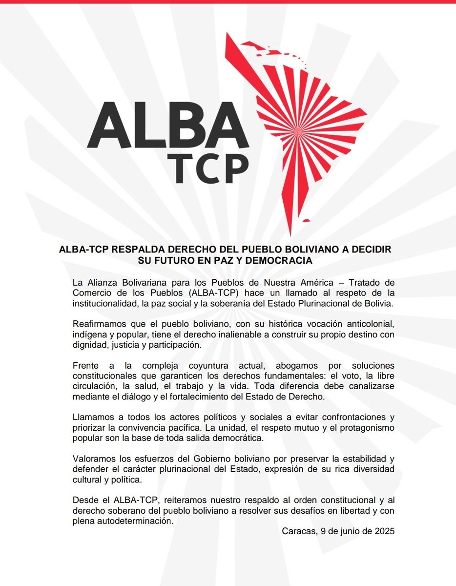 #Comunicado | ALBA-TCP respalda derecho del pueblo boliviano a decidir su futuro en paz y democracia 

La Alianza Bolivariana para los Pueblos de Nuestra América – Tratado de Comercio de los Pueblos (ALBA-TCP) hace un llamado al respeto de la institucionalidad, la paz social y la