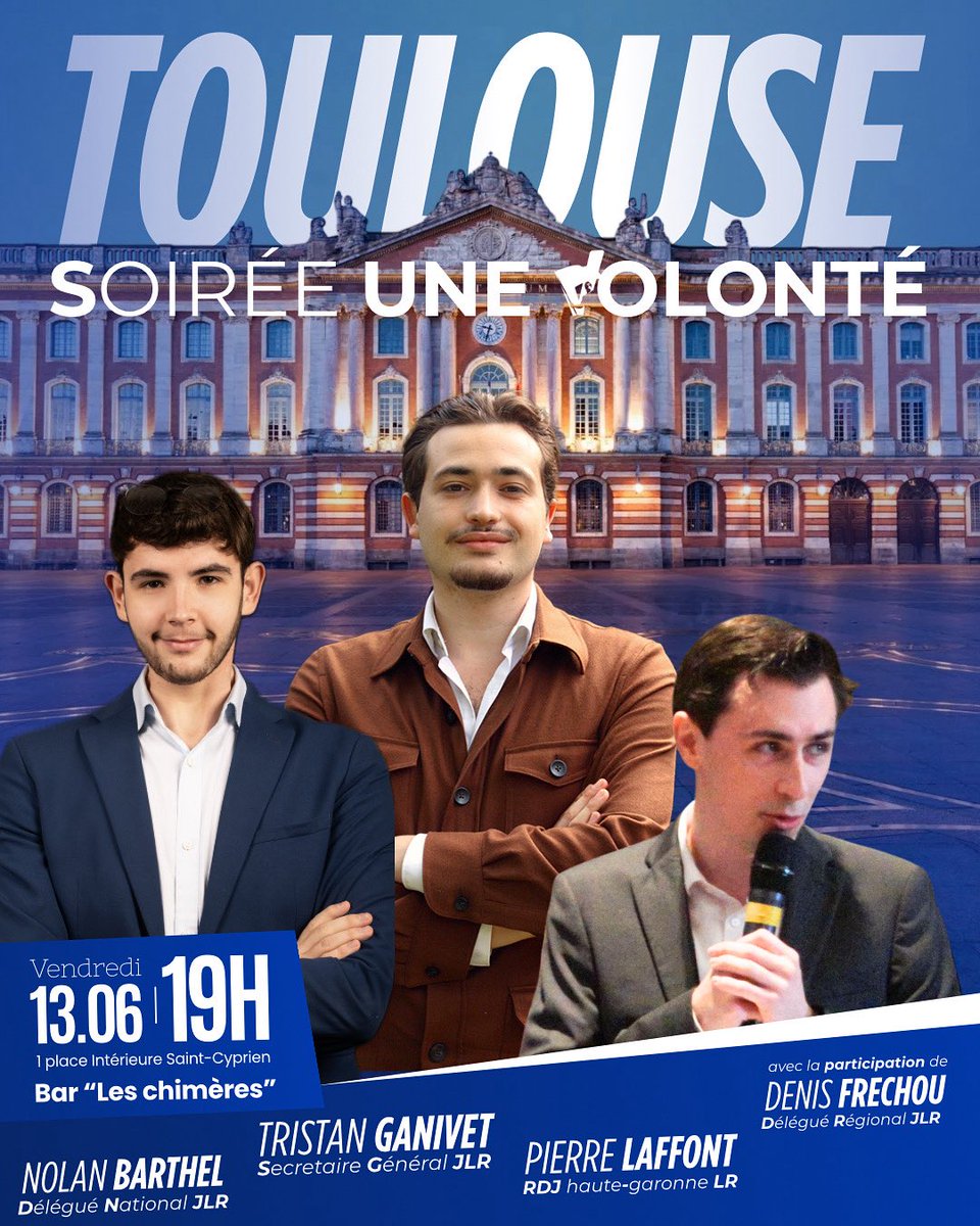 🇫🇷 UNE VOLONTÉ POUR TOULOUSE ! 🗺️

🎉 Afterwork avec Pierre Laffont (RDJ 31), Tristan Ganivet, Nolan Barthel &amp; Denis Frechou !

📍 Bar Les Chimères
📅 Vendredi 13 juin
🕖 Dès 19h

🍻 Ambiance conviviale, débats engagés, une seule ambition : tout changer.

Venez nombreux !