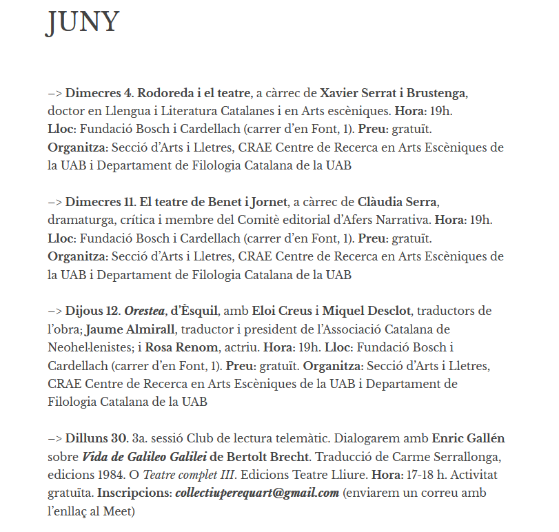 Col·lectiu PereQuart (@cperequart) on Twitter photo L'agenda de juny ve carregada de propostes: collectiuperequart.wordpress.com/agenda-2/
- 11 i 12 de juny, a les 19h, Benet i Jornet i Èsquil. <a href="/boschcardellach/">Fundació Bosch i Cardellach</a>
- 30 de juny, a les 17h, parlarem de 'Vida de Galileo Galilei', de Brecht, amb Enric Gallén. CLtelemàtic. collectiuperequart@gmail.com L'agenda de juny ve carregada de propostes: collectiuperequart.wordpress.com/agenda-2/
- 11 i 12 de juny, a les 19h, Benet i Jornet i Èsquil. <a href="/boschcardellach/">Fundació Bosch i Cardellach</a>
- 30 de juny, a les 17h, parlarem de 'Vida de Galileo Galilei', de Brecht, amb Enric Gallén. CLtelemàtic. collectiuperequart@gmail.com