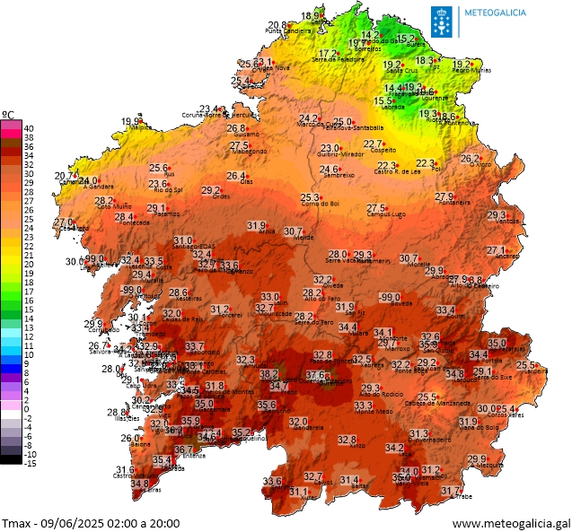 Xornada de verán en #Galicia🌤️con circulación do nordés que deixou os ceos na #Mariña☁️. Os valores máximos foron para🌡️:
#Leiro 38.2ºC 🟡
#Ourense 37.6ºC🟡
#SalcedadeCaselas 36.7ºC🟡