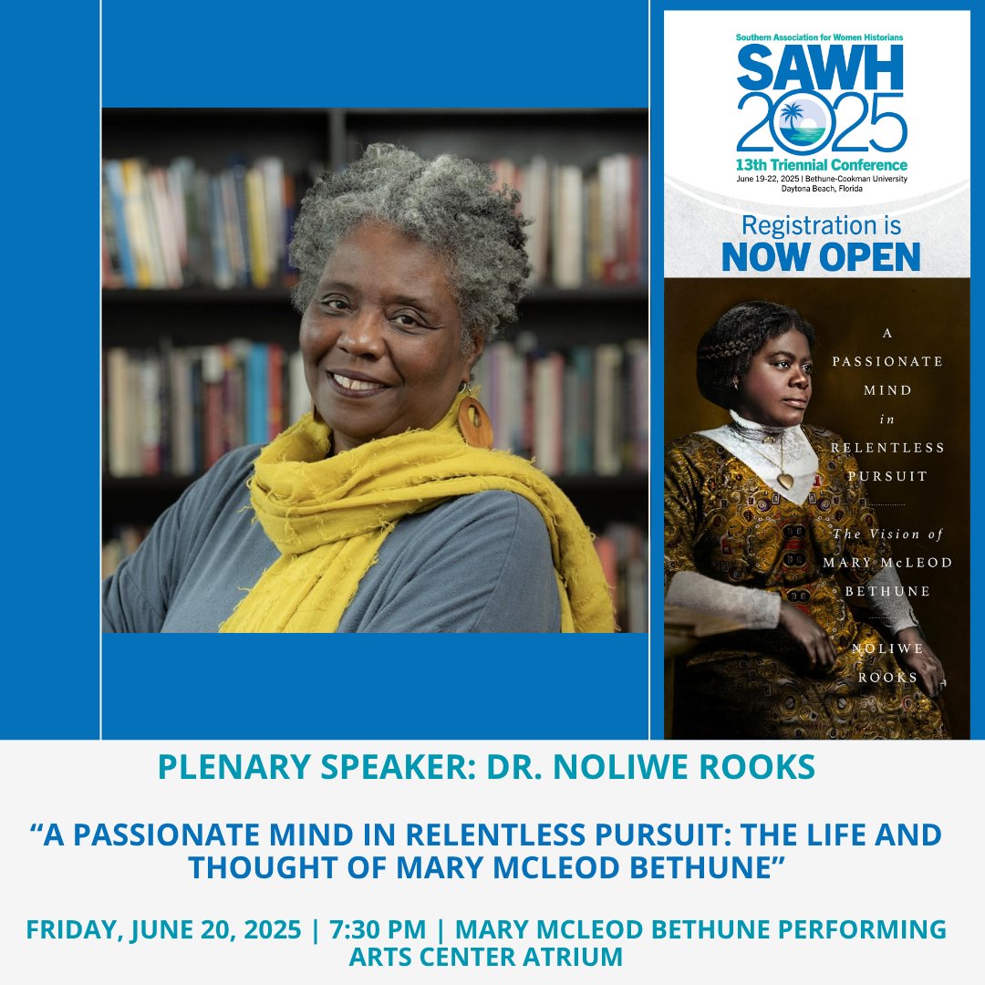 Attn: #SAWH2025
Friday, June 20th @ 7:30pm to hear Plenary Speaker, Dr. Noliwe Rooks speak about "A Passionate Mind in Relentless Pursuit: The Life and Thought of Mary McLeod Bethune" @ Mary McLeod Bethune Performing Arts Center Atrium
sawh2025.org