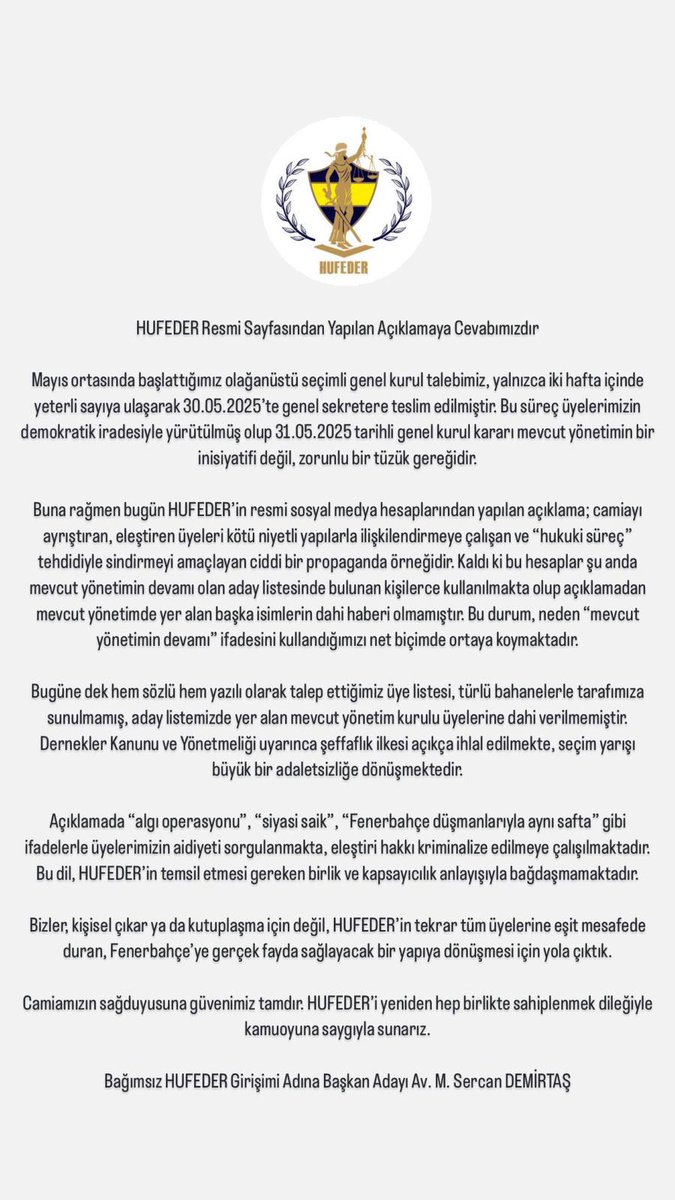Mahmut Sercan Demirtaş (@msercandemirtas) on Twitter photo HUFEDER Resmi hesabından yapılan açıklamaya cevaben:
<a href="/HUFEDER1907/">Hukukçu Fenerbahçeliler Derneği</a> HUFEDER Resmi hesabından yapılan açıklamaya cevaben:
<a href="/HUFEDER1907/">Hukukçu Fenerbahçeliler Derneği</a>